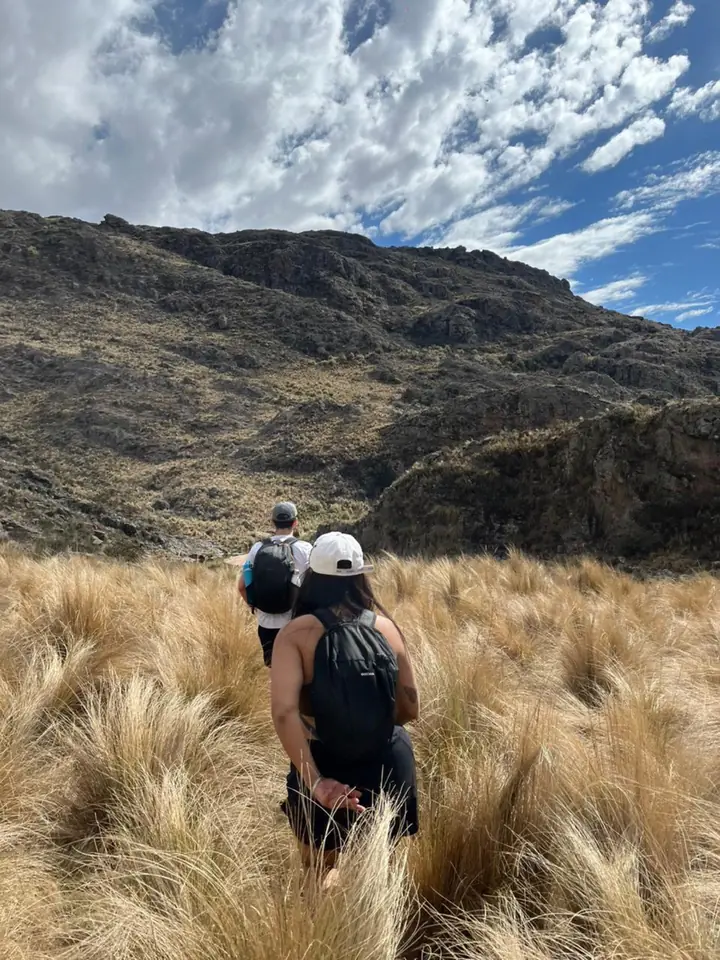 Dos personas caminan entre pastizales hacia el cerro.